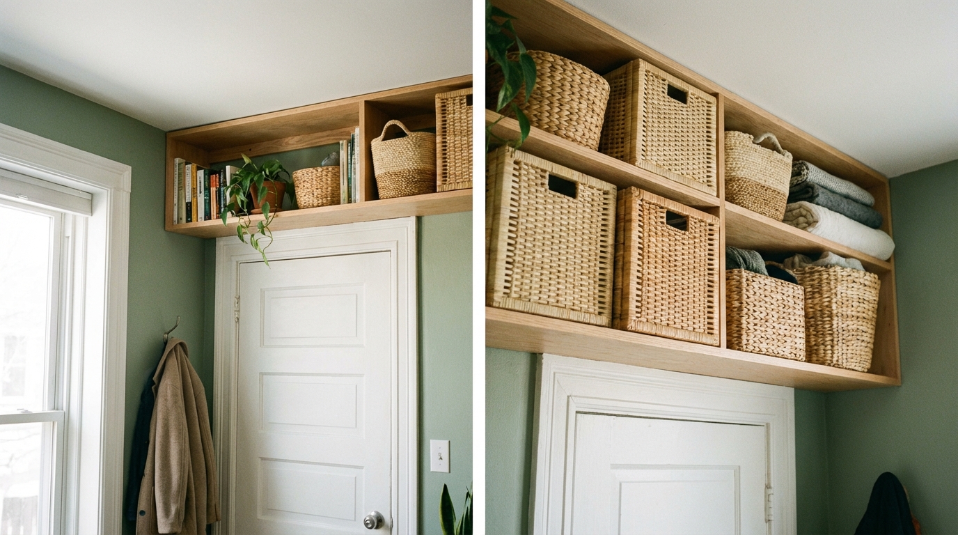 Étagère de rangement au-dessus d'une porte avec paniers en osier