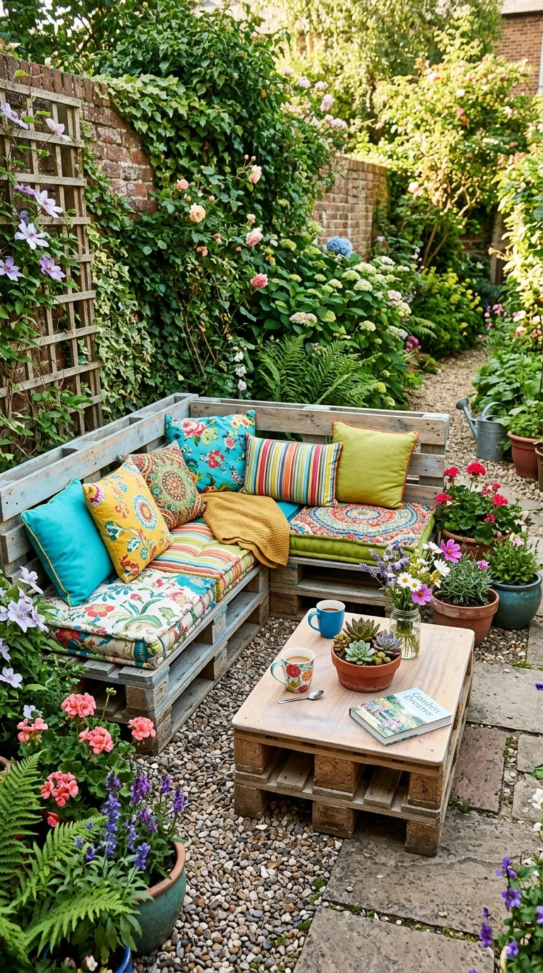 Banc et table basse en palettes avec coussins colorés dans un petit jardin
