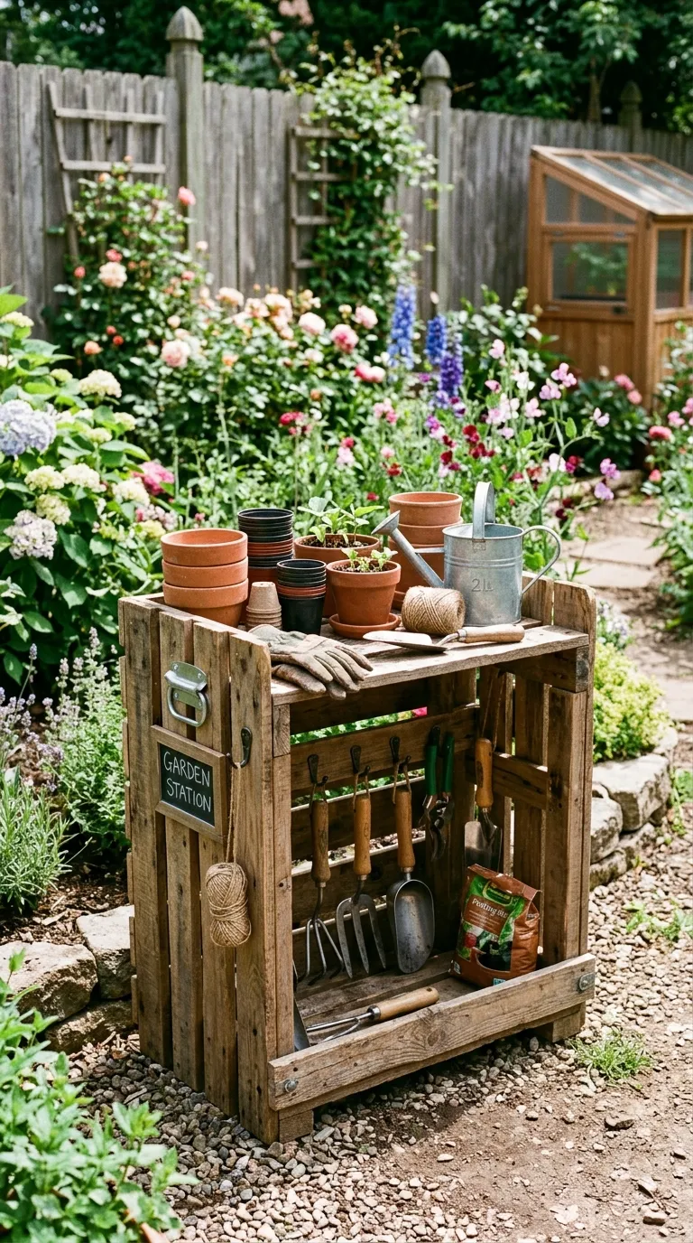 Caisse de rangement en palette pour pots de fleurs et outils de jardinage