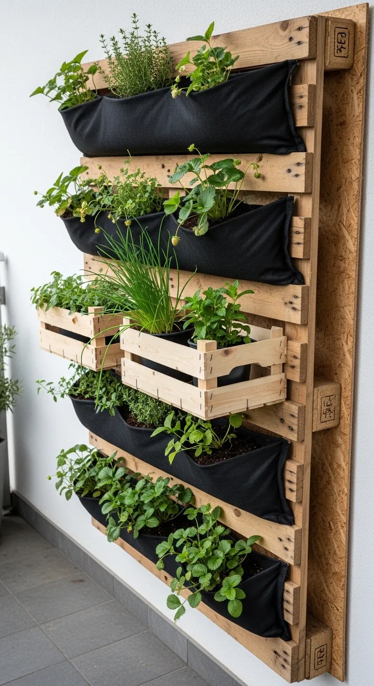 Jardinière verticale en palette sur un petit balcon avec des plantes aromatiques