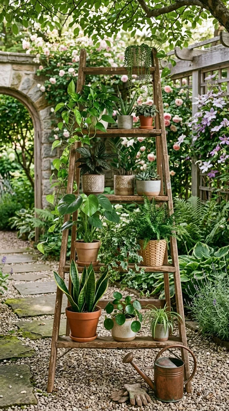 Étagère à plantes verticale fabriquée à partir d'une échelle en bois récupérée