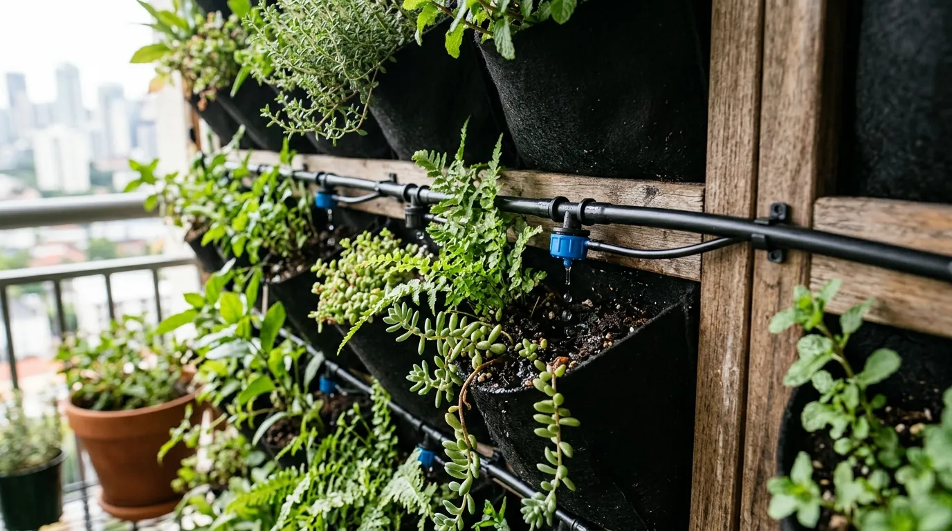 Détail d'un système d'arrosage goutte-à-goutte pour mur végétal de balcon