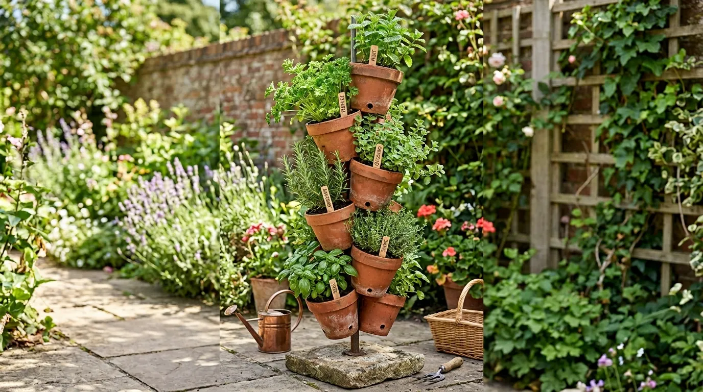 Structure verticale avec pots en terre cuite empilés pour aromatiques