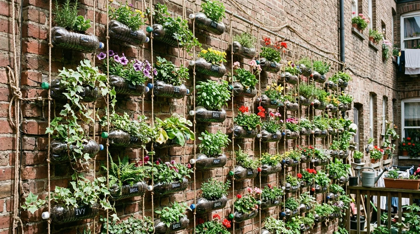 Jardin vertical réalisé avec des bouteilles en plastique coupées et suspendues