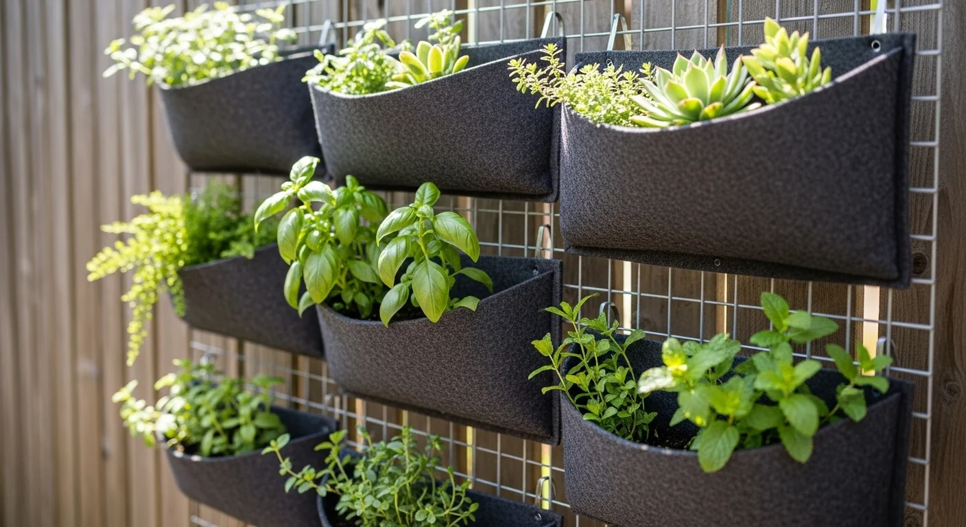 Mur végétal DIY avec des poches en feutre accrochées à un support grillagé