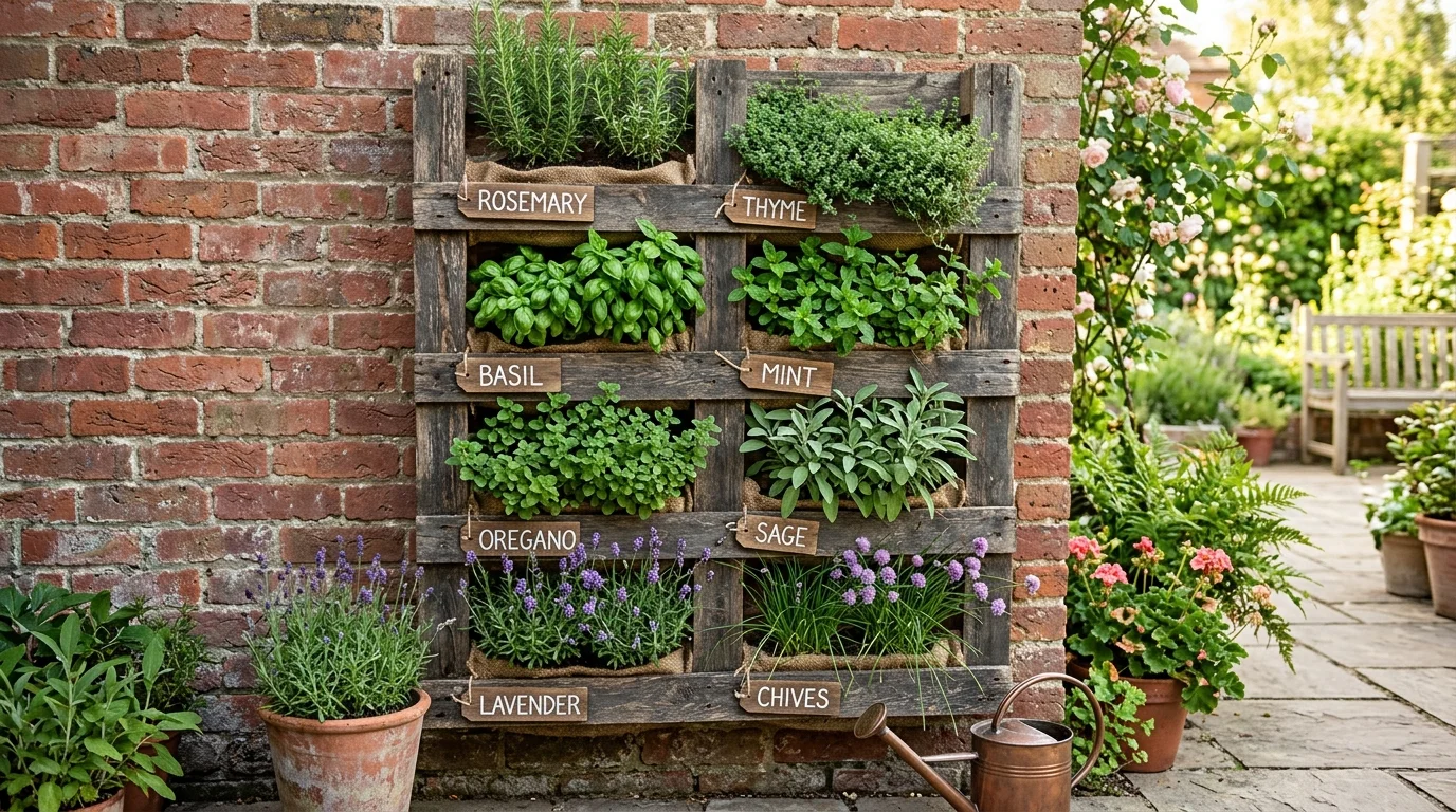 Palette de bois transformée en jardin vertical avec des plantes aromatiques