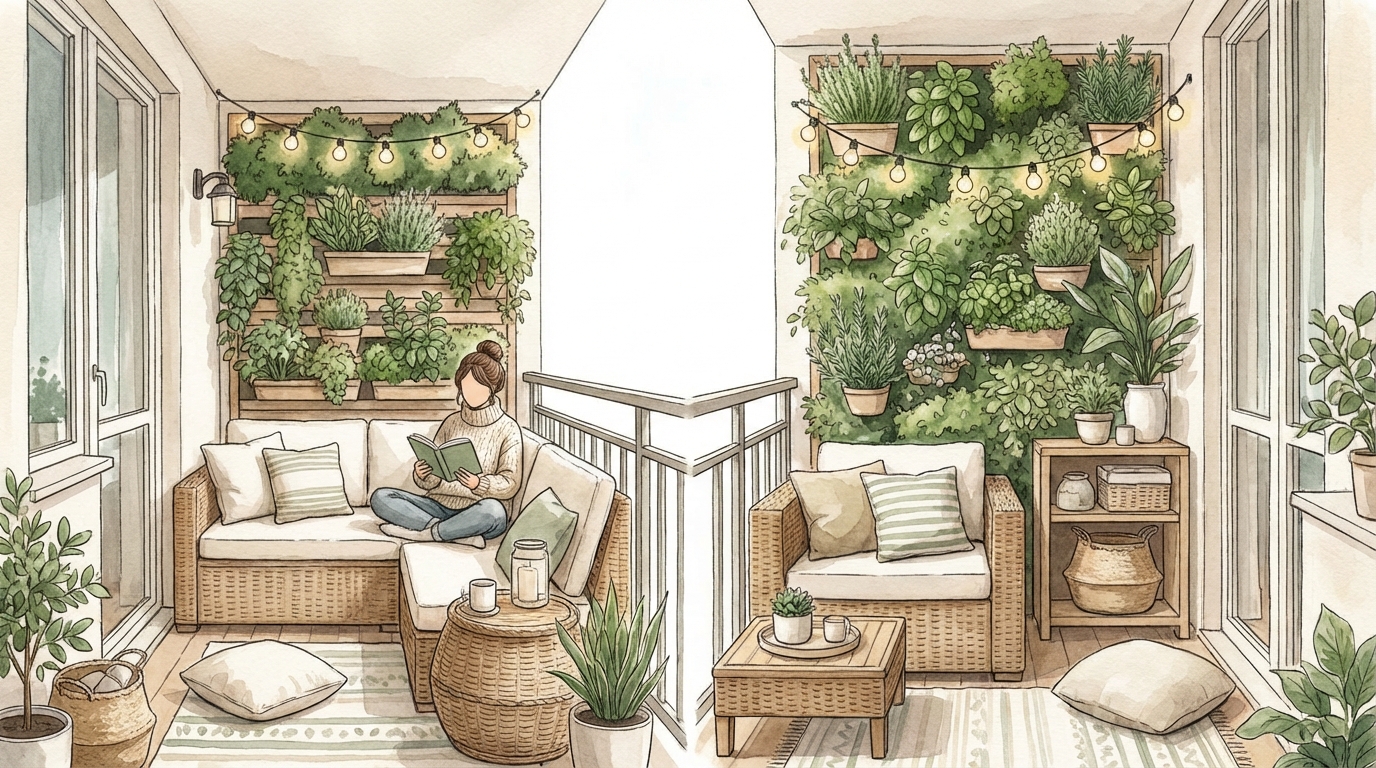 Mur végétal avec plantes aromatiques et guirlandes lumineuses