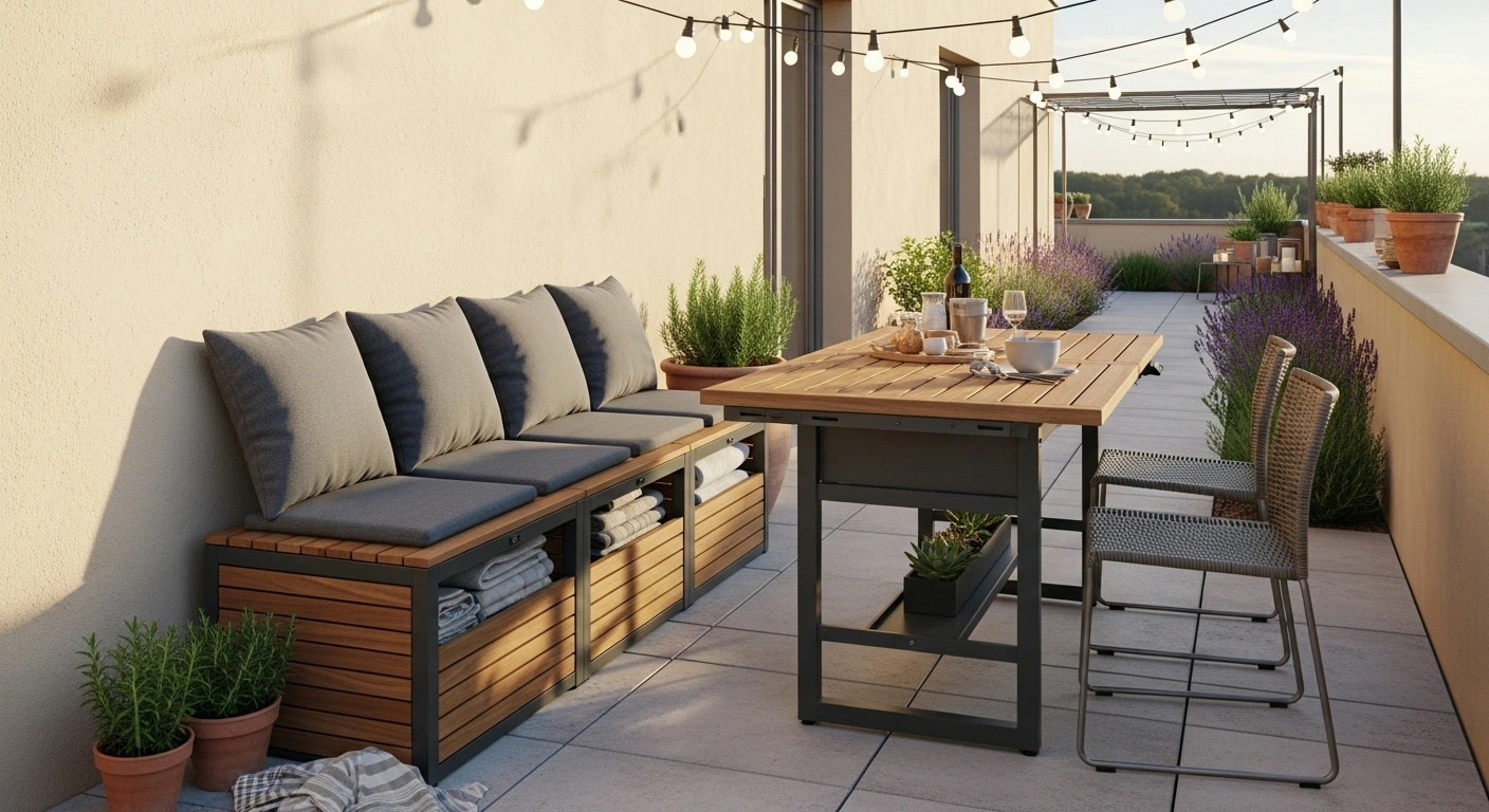 Banc-coffre et table multifonction sur une terrasse étroite