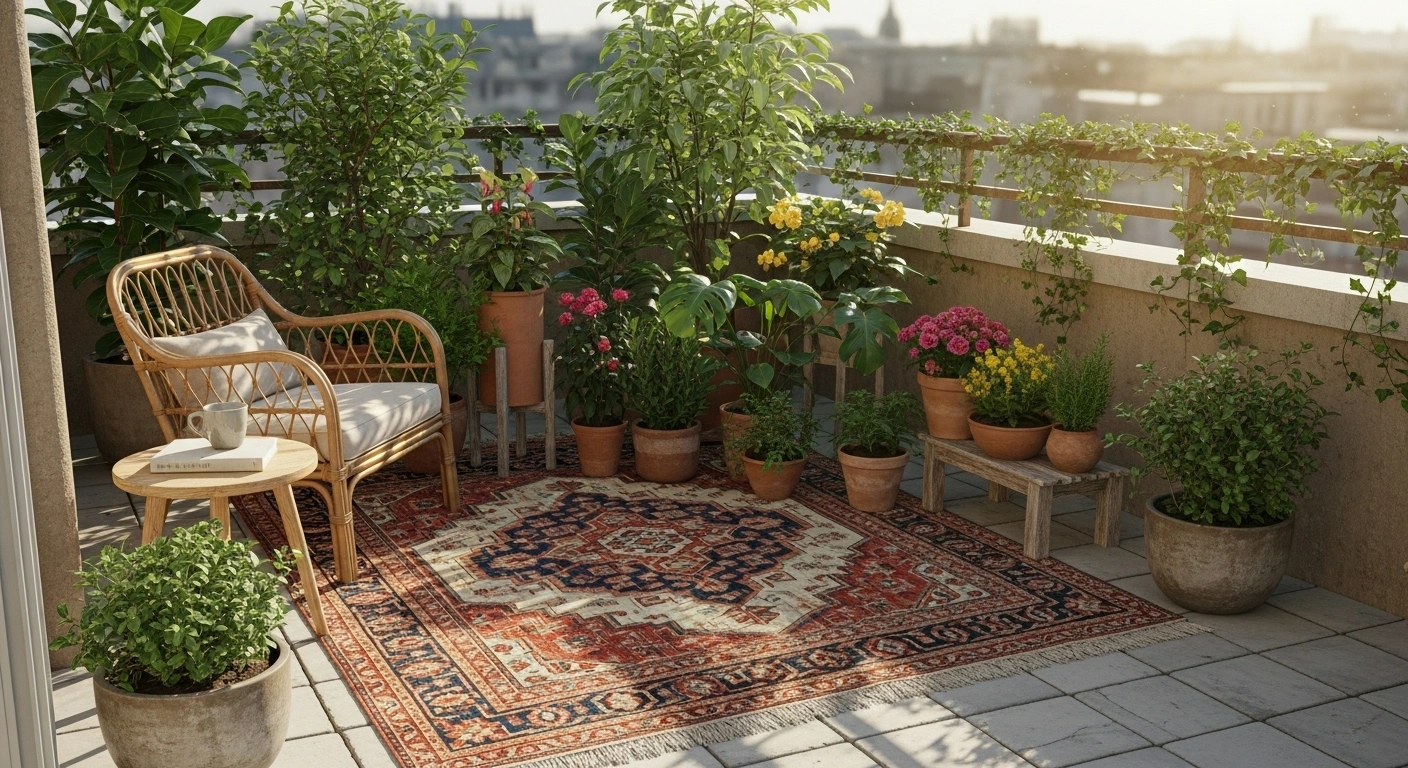 Délimitation visuelle d'une petite terrasse avec tapis et plantes