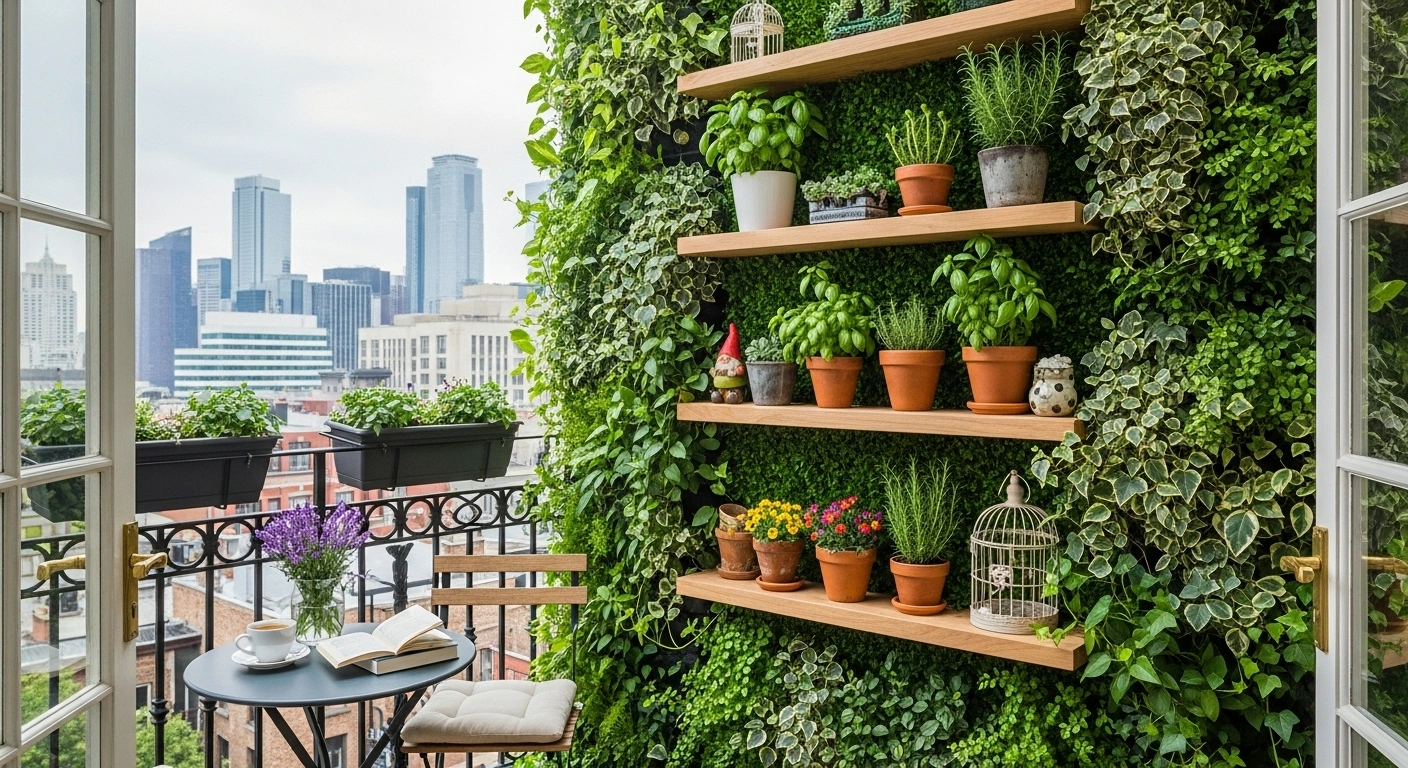 Mur végétal et étagères sur un petit balcon en ville