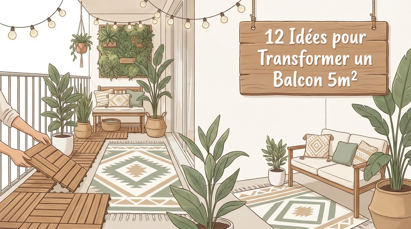 Pose de caillebotis en bois et tapis graphique sur un petit balcon