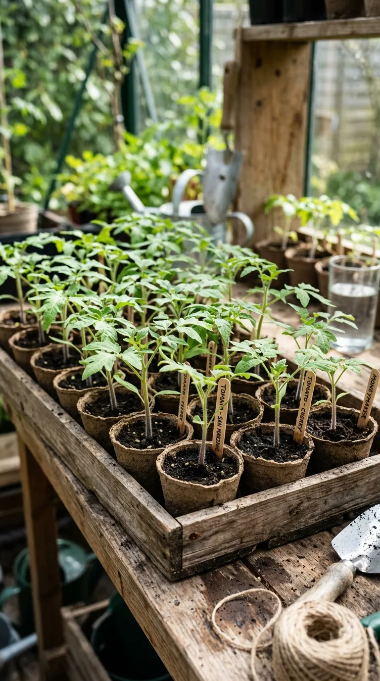Plantules de tomates en godets biodégradables prêtes à être repiquées