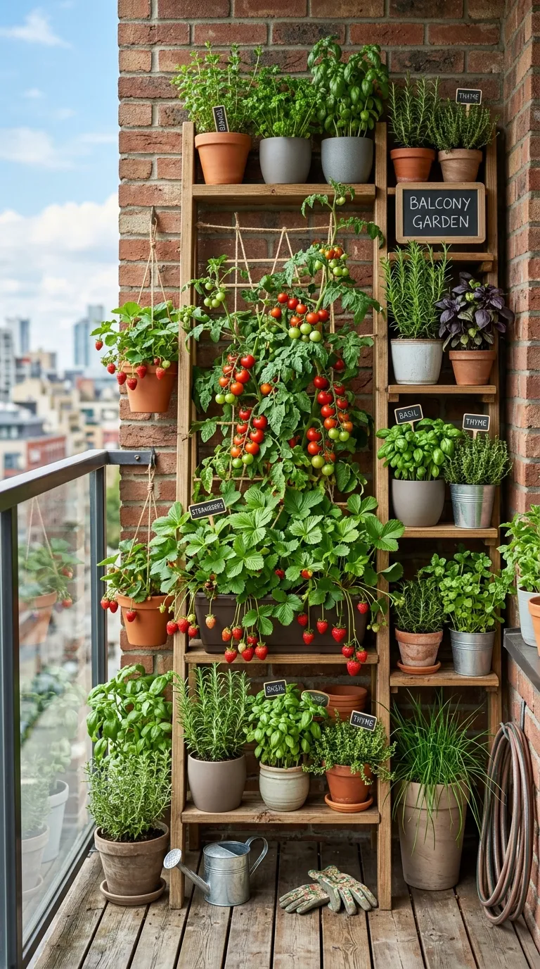 Potager de balcon vertical avec tomates, fraises et aromatiques
