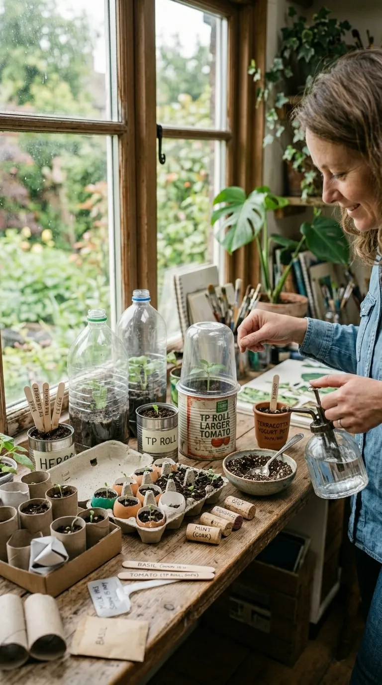 Semis en godets de récupération sur un rebord de fenêtre de studio