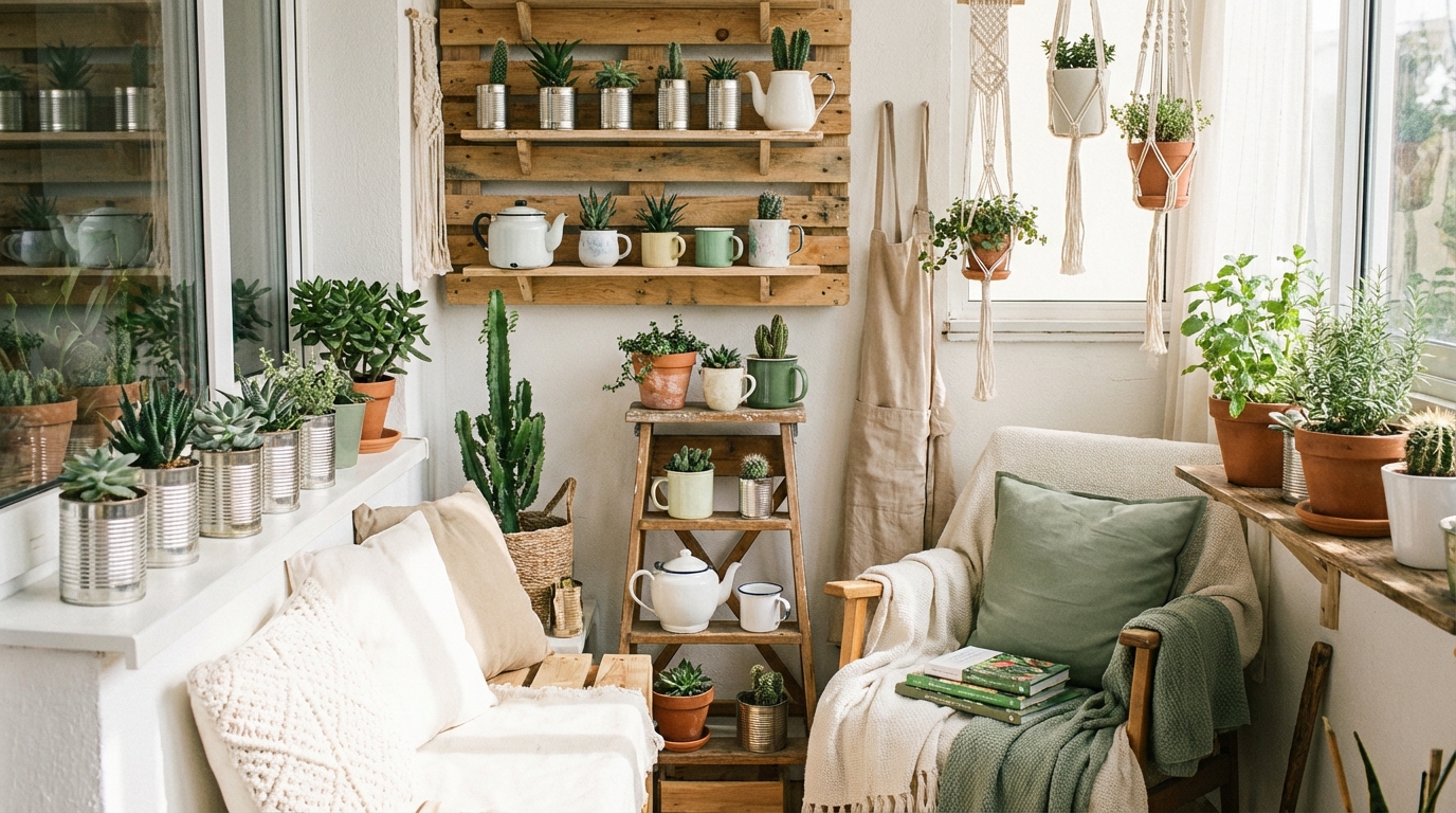 Sélection de plantes grasses, succulentes et aromatiques dans des pots recyclés