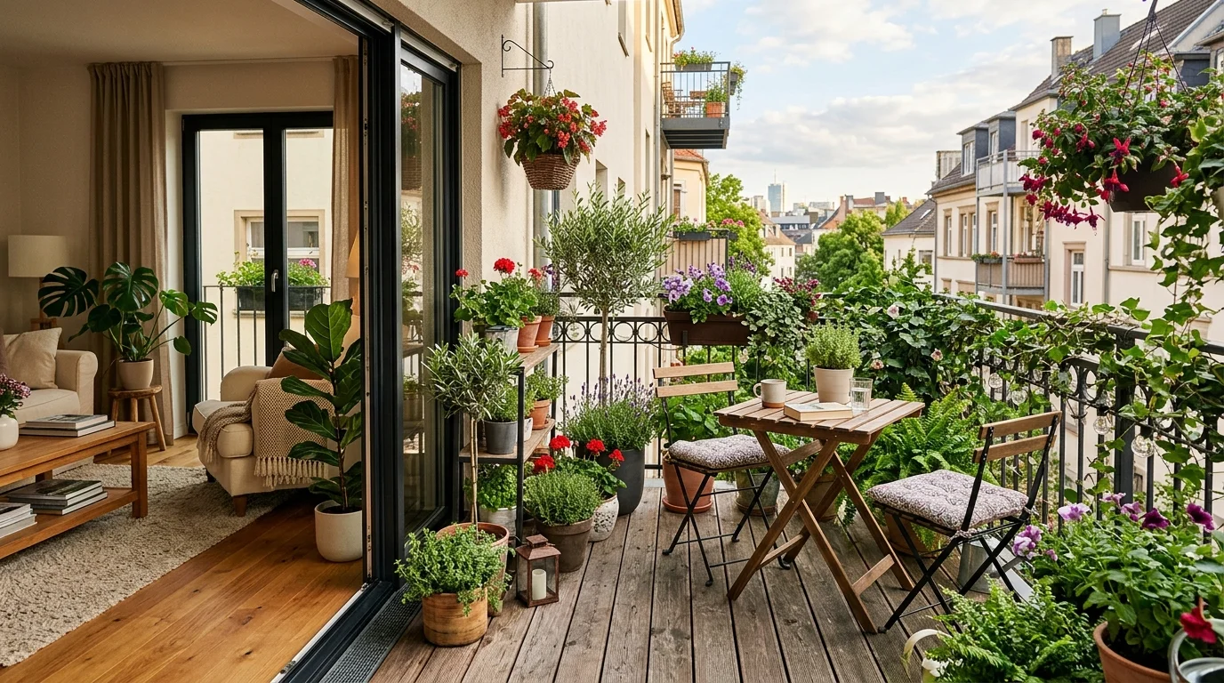 Aménagement d'un petit balcon en prolongation du salon avec des plantes