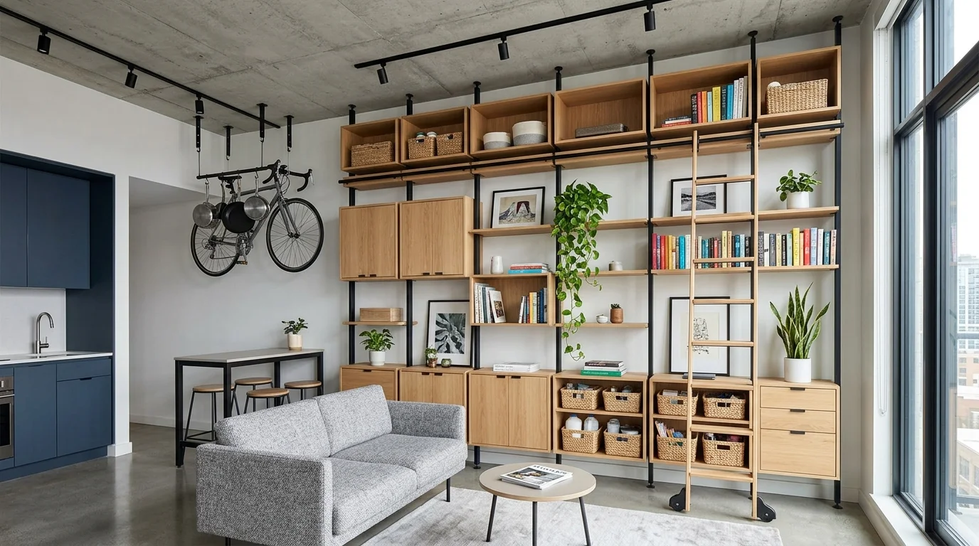 Rangements muraux et étagères jusqu'au plafond dans un studio moderne