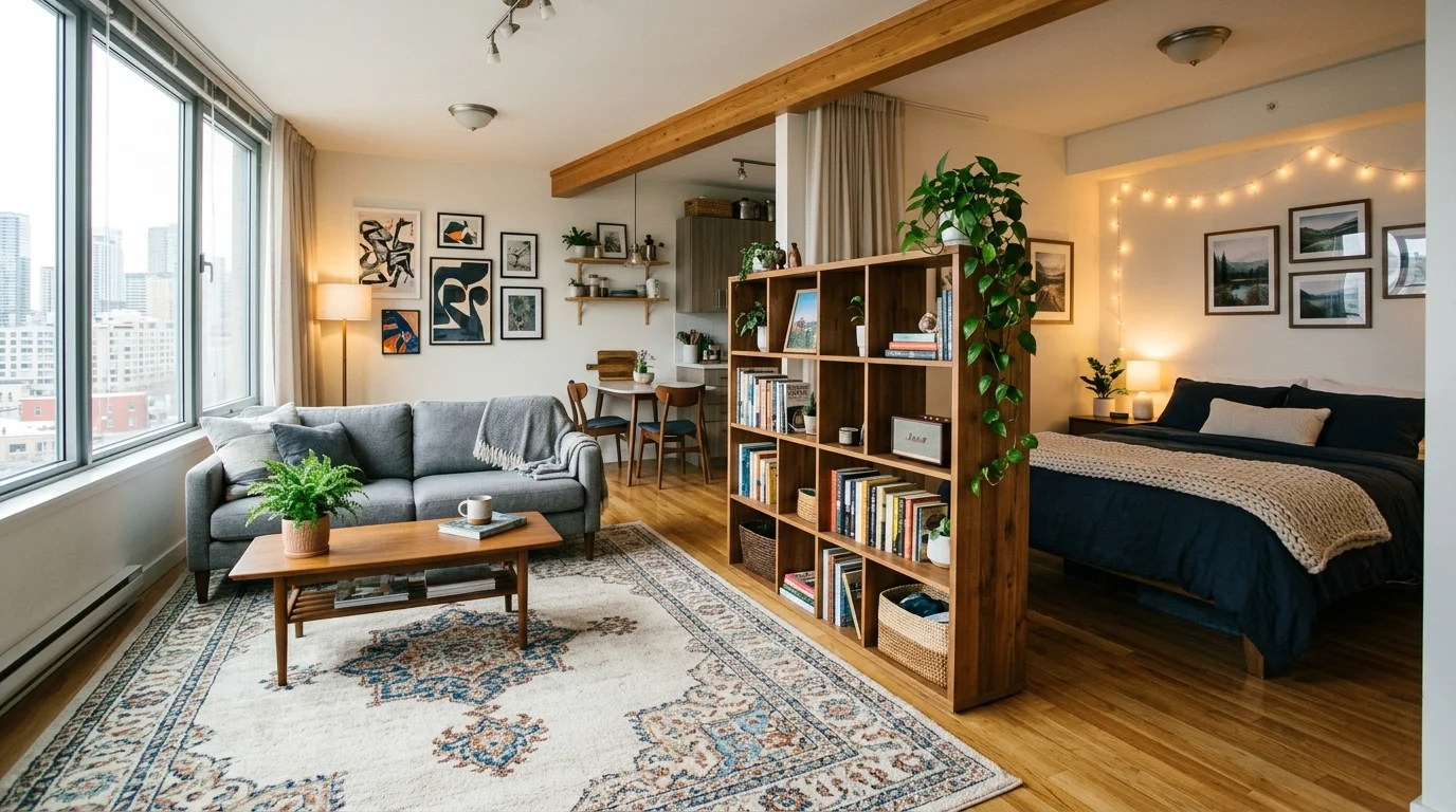 Zonage intelligent dans un studio avec un tapis et une bibliothèque séparant les espaces