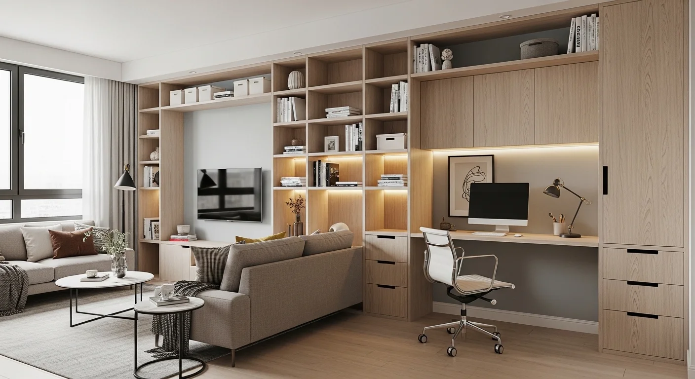 Coin salon et bureau multifonction dans un studio avec rangements intégrés