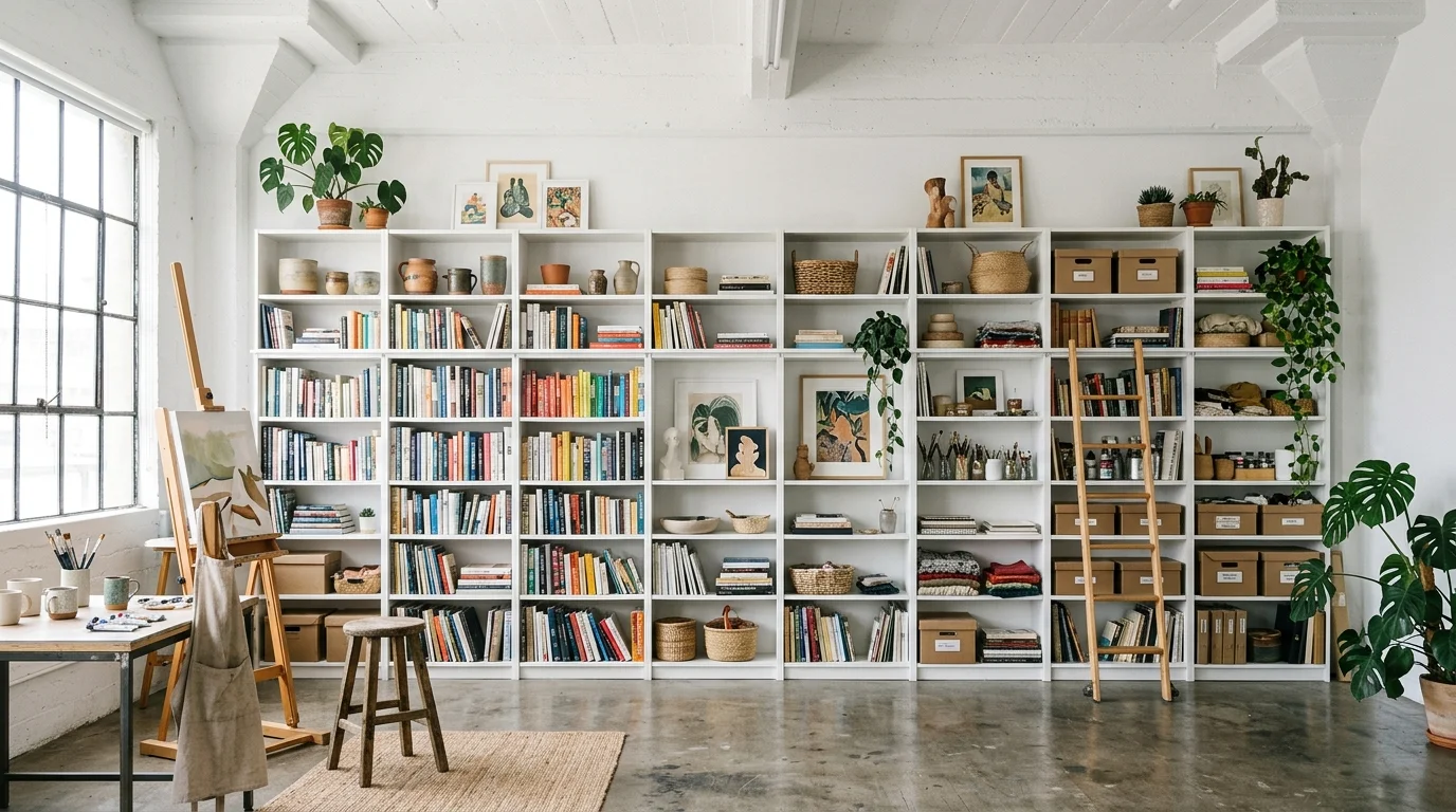 Étagères murales du sol au plafond dans un studio blanc