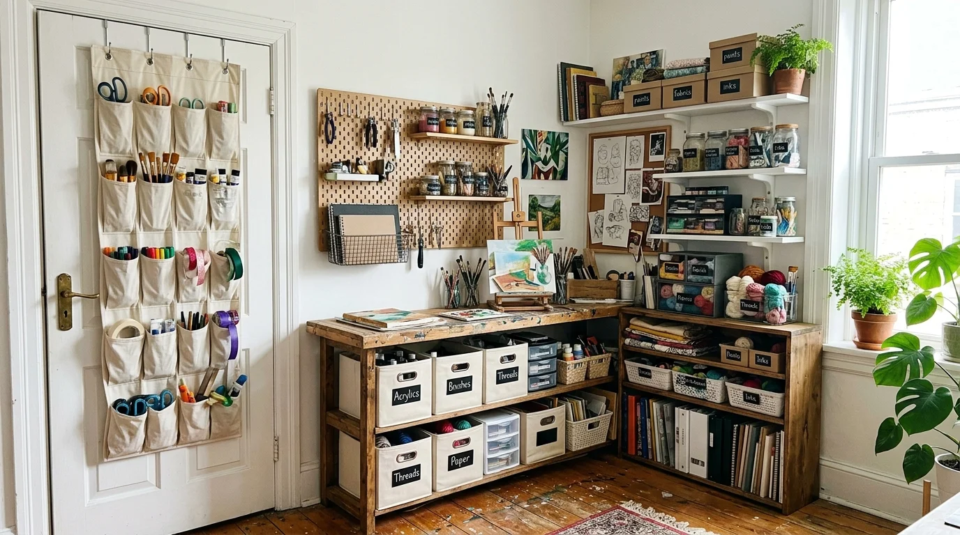 Organisateurs de rangement sur une porte et dans un angle de studio