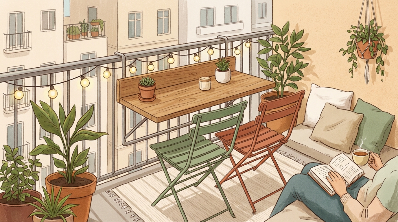 Table suspendue sur rambarde et chaises colorées pliables