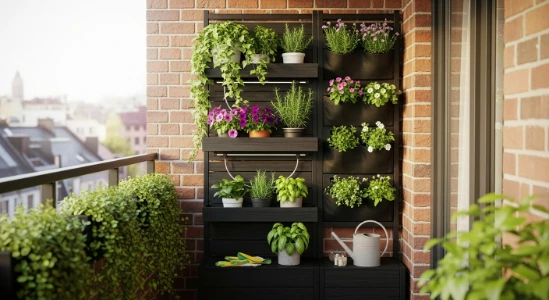 Aménagement vertical d'un petit balcon avec étagères et jardin mural