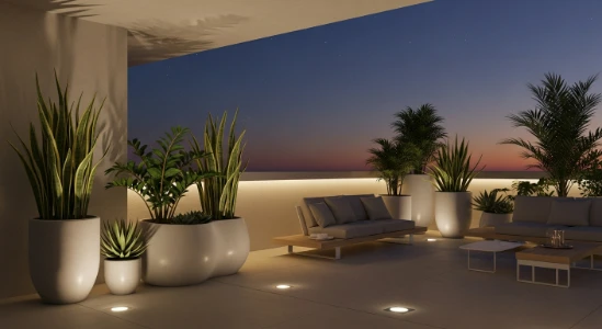 Éclairage doux et plantes graphiques sur une terrasse minimaliste le soir