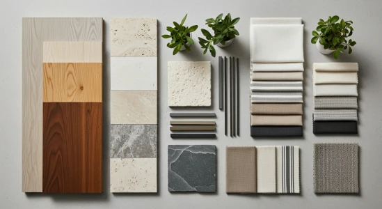 Palette de couleurs neutres pour terrasse avec échantillons de bois, pierre et tissus