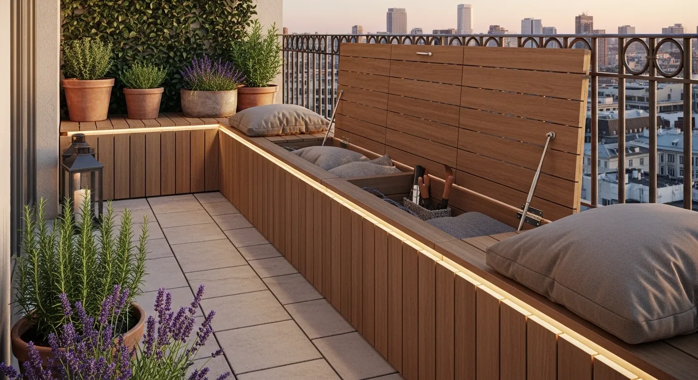 Banquette avec rangement intégré sur une terrasse étroite