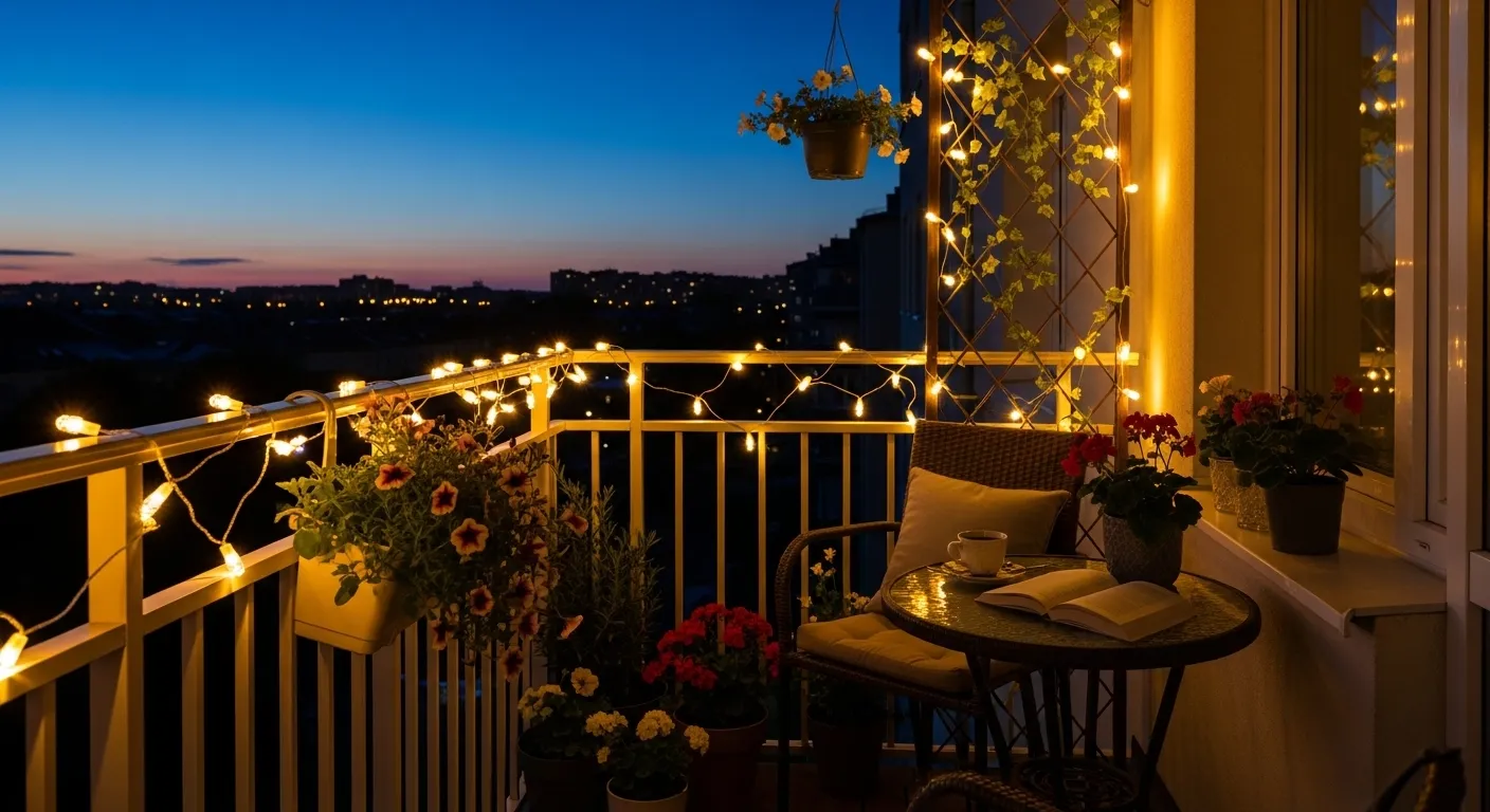 Guirlandes lumineuses suspendues sur un petit balcon le soir