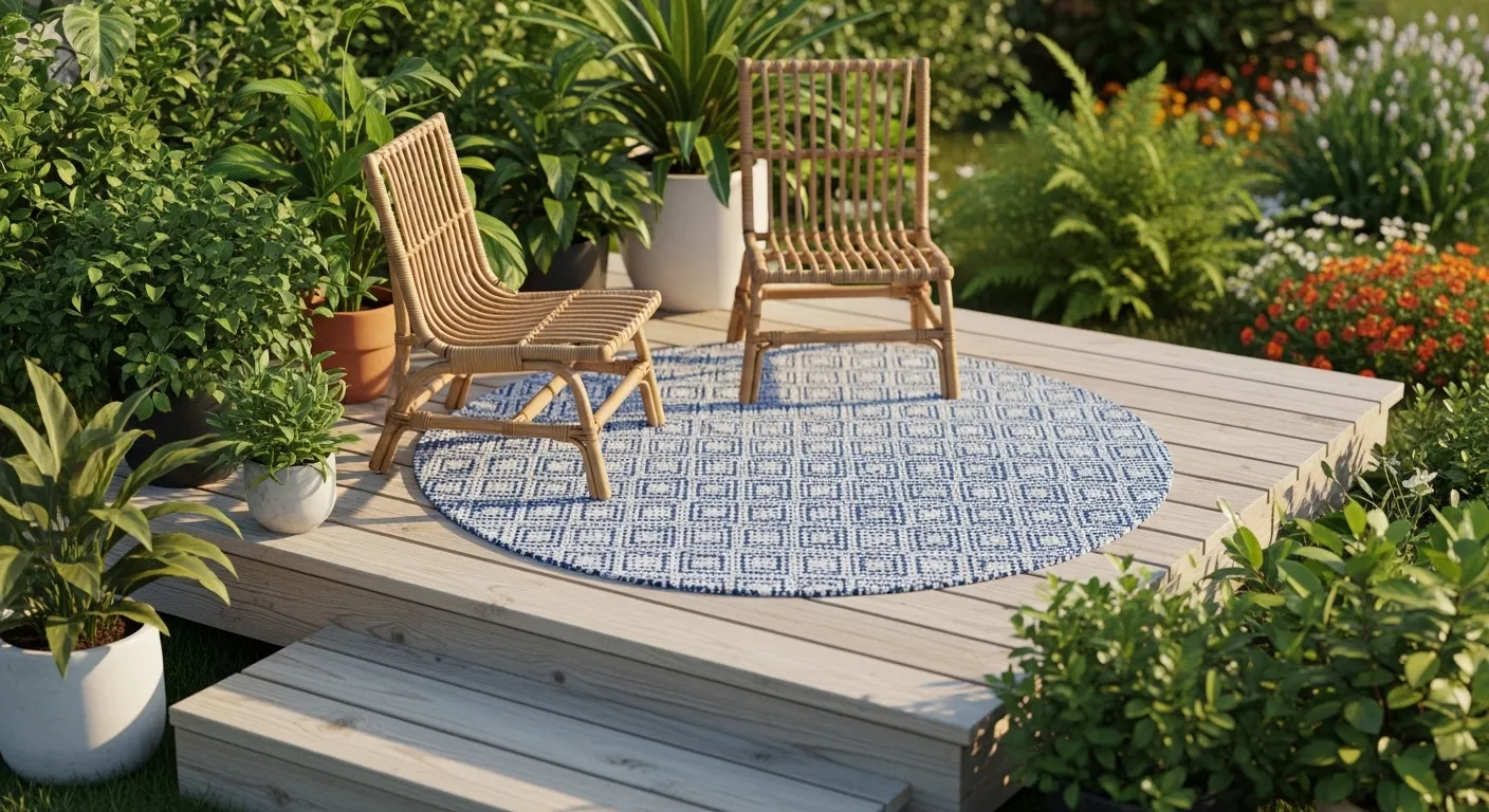 Tapis rond extérieur sur une petite terrasse en bois
