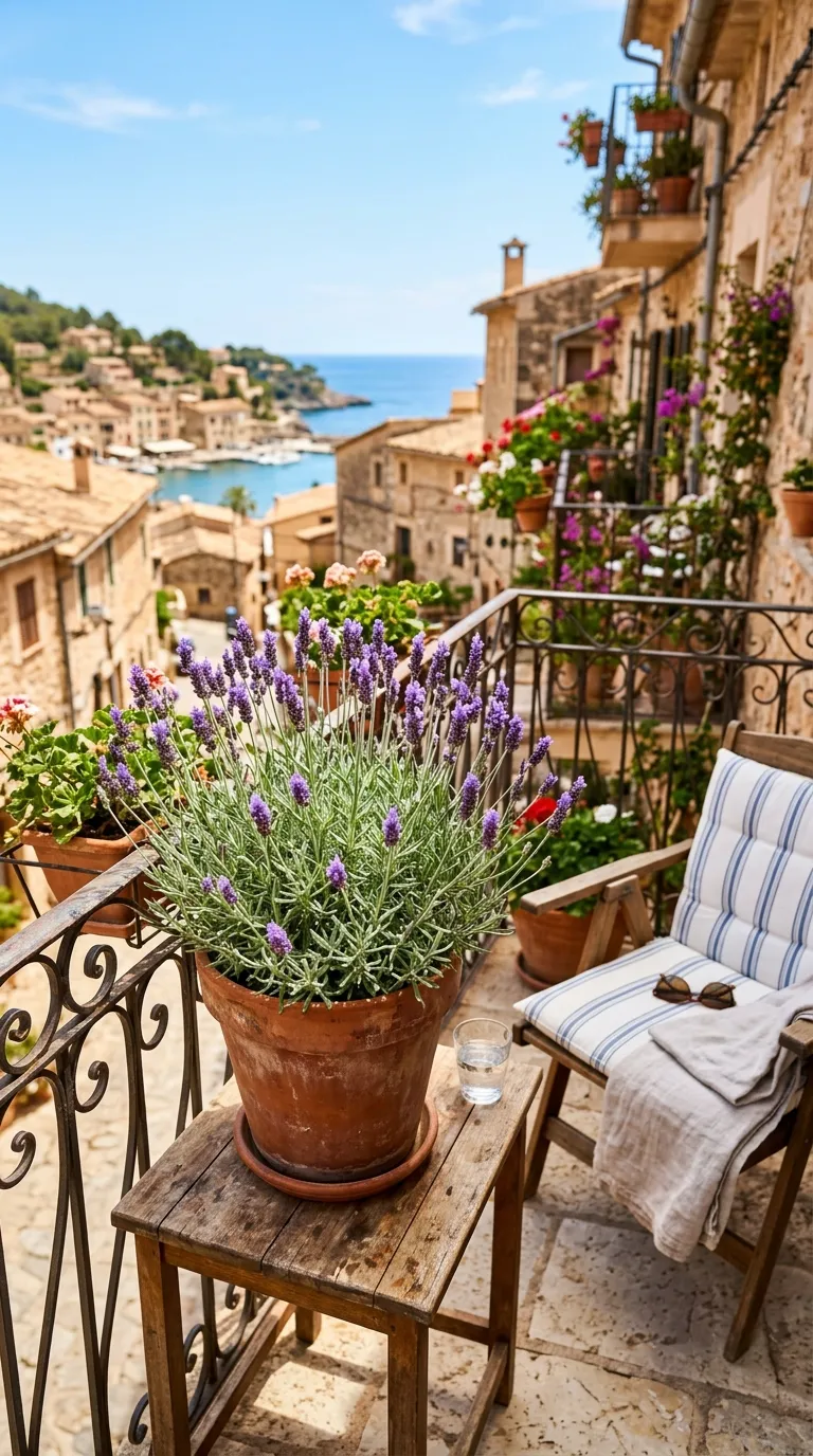 Lavande en pot sur un balcon ensoleillé