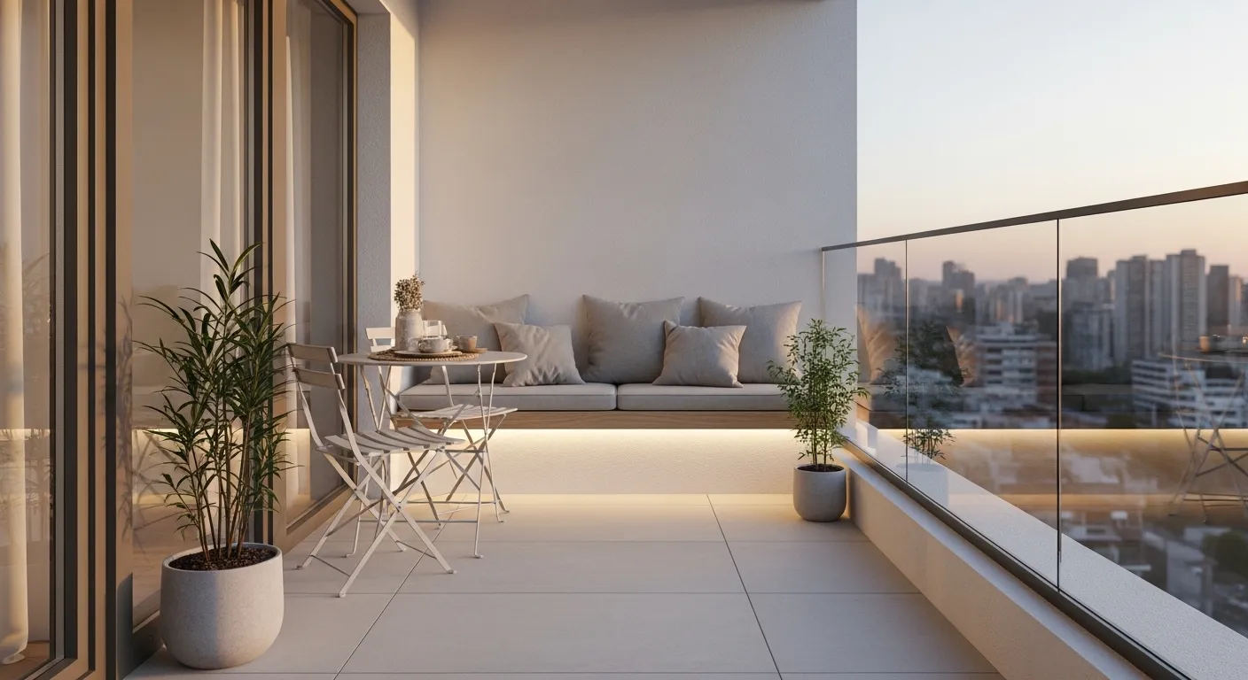 Aménagement réussi d'un petit balcon moderne de 5 m² avec palette monochrome, mobilier fin et plantes en pots géométriques