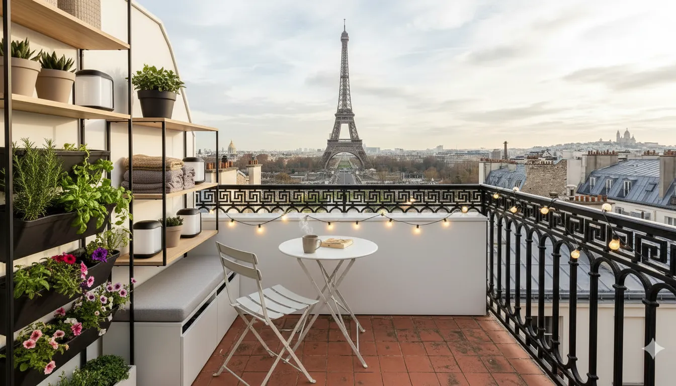 Aménagement cosy et optimisé d'un petit balcon de 5m² avec meubles pliants et plantes vertes