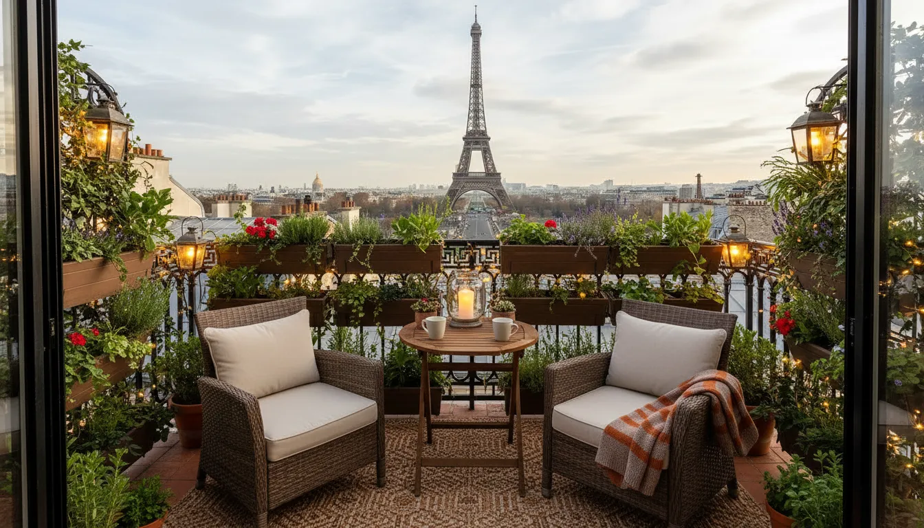 Aménagement réussi d'un petit balcon de 5m² avec chaise suspendue, coussins et plantes vertes