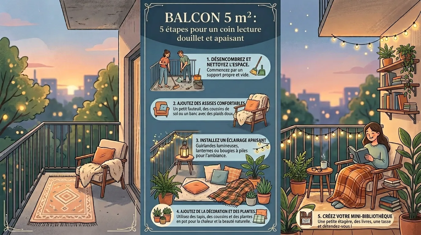 Coin lecture cosy aménagé sur un petit balcon de 5m² avec fauteuil, plaid et plantes
