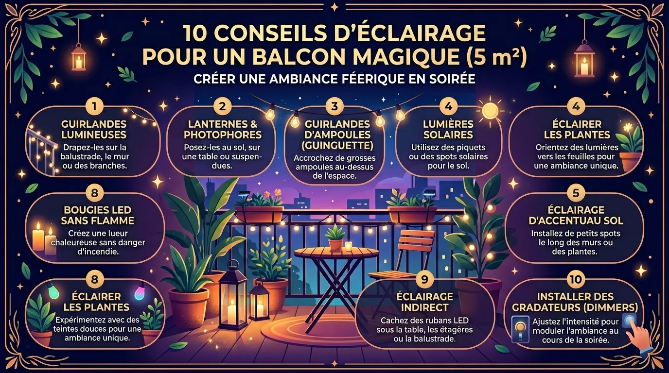 Balcon de 5m² aménagé avec un éclairage doux de guirlandes LED et de photophores pour une soirée estivale