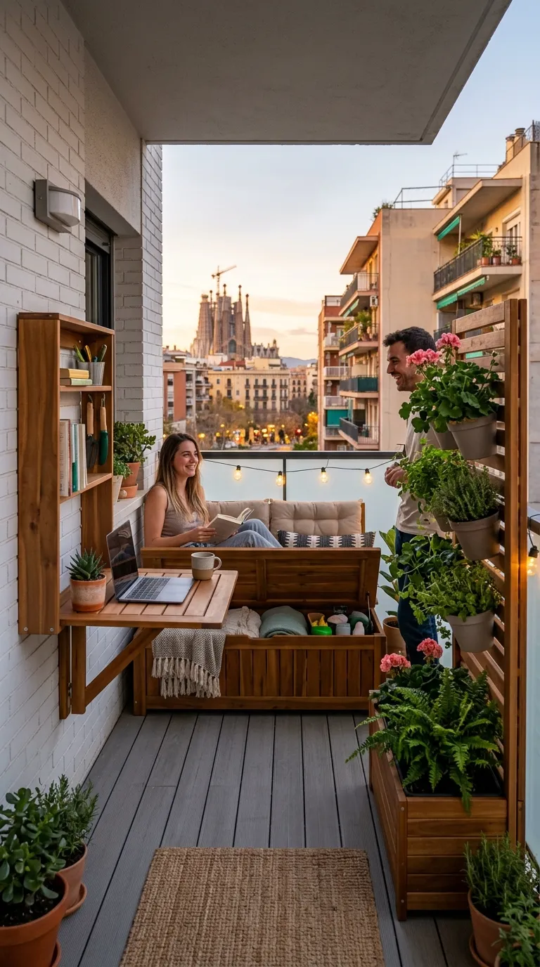Aménagement moderne d'un balcon de 5m² avec banc-coffre et table pliante, entouré de plantes vertes