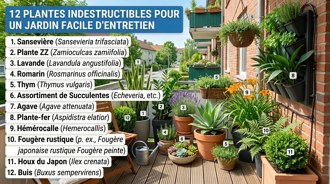 Balcon de 5m² aménagé avec des plantes en pots sur des étagères et une jardinière suspendue, créant un espace vert luxuriant et ordonné