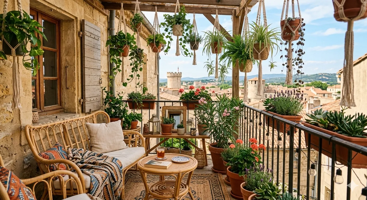 Petit balcon bohème aménagé avec chaise en rotin, plantes vertes et décoration macramé