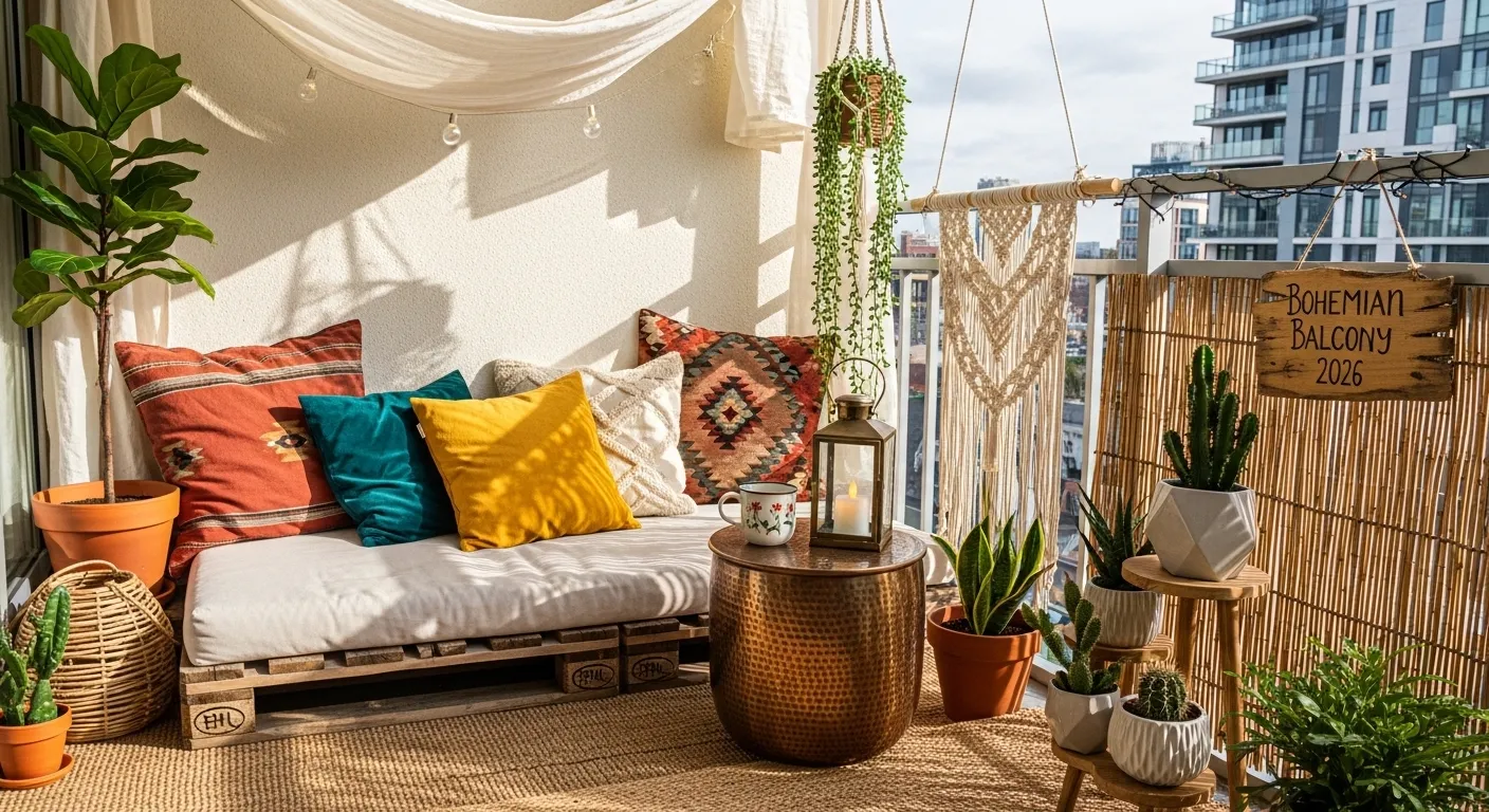 Aménagement réussi d'un petit balcon bohème avec chaise en rotin, plantes vertes et tapis tressé