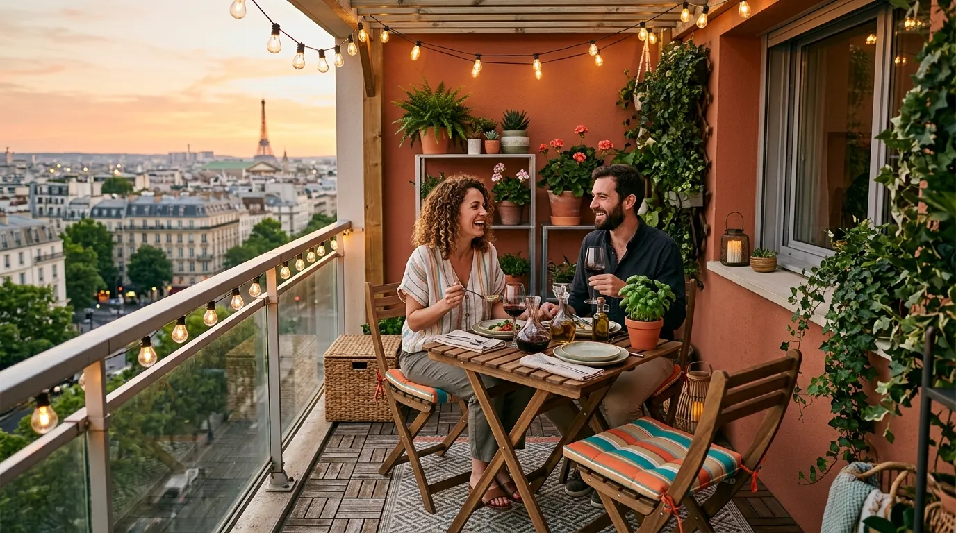 Coin repas design sur un petit balcon urbain avec table suspendue et banc à rangement