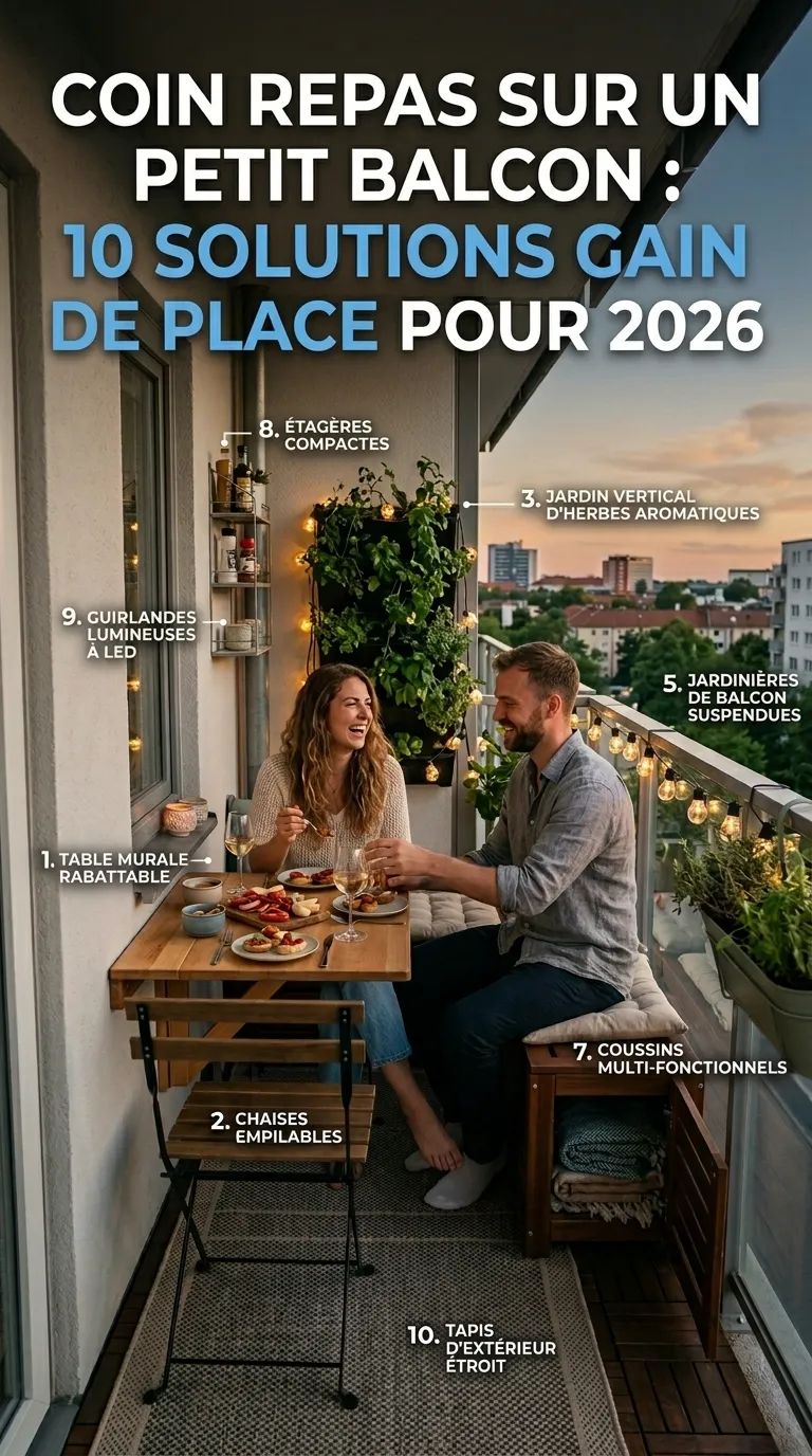 Coin repas agréable sur un petit balcon urbain avec table murale et chaises pliantes, entouré de plantes vertes