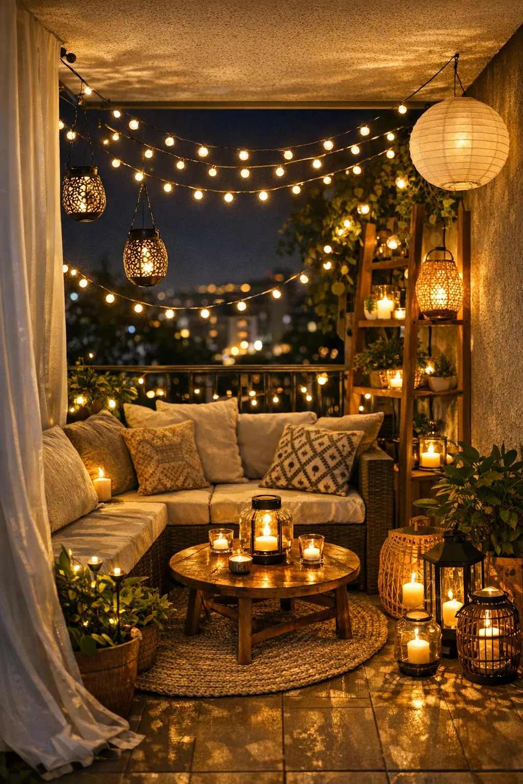 Ambiance nocturne sur un petit balcon moderne éclairé par des guirlandes LED et des lanternes