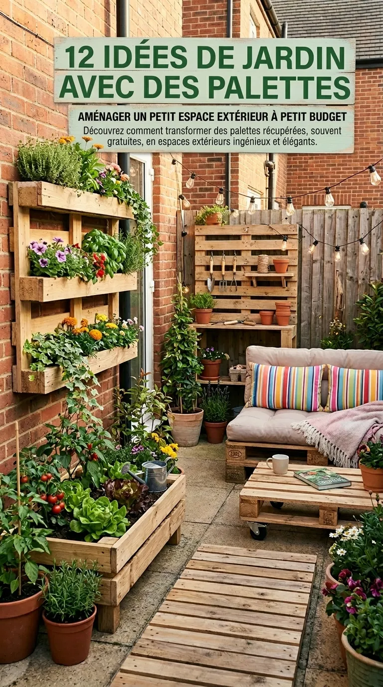 Jardin vertical et banc en palettes de récupération sur un petit balcon ensoleillé