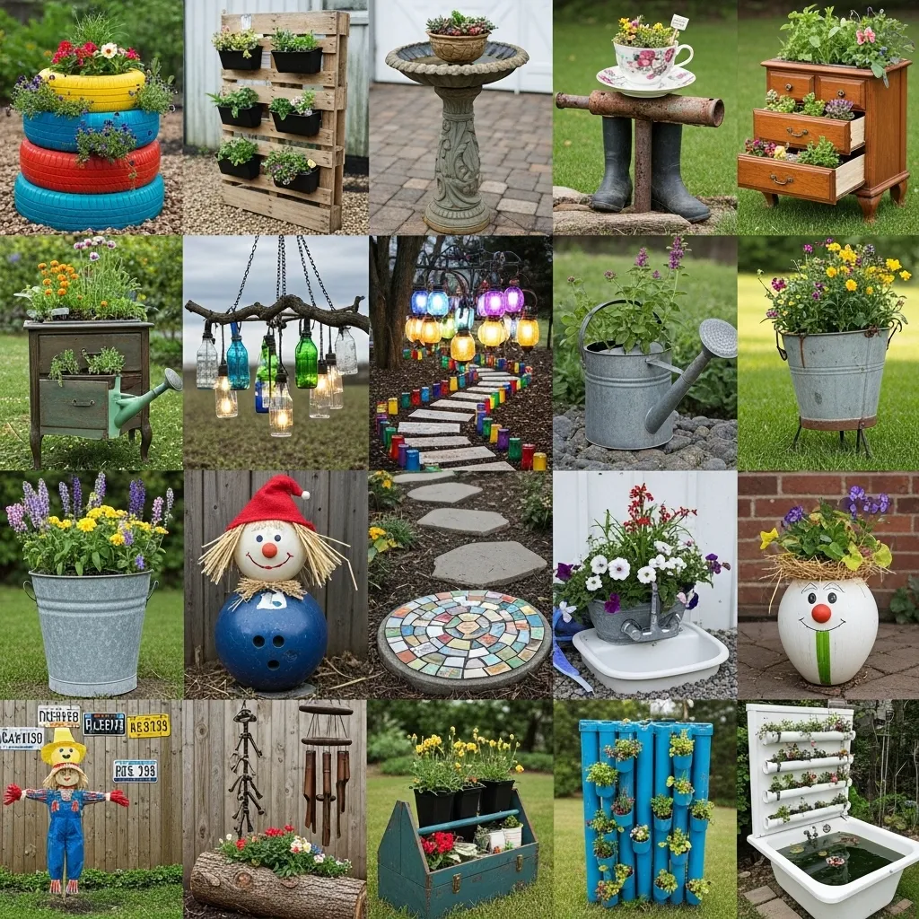 Collection d'objets détournés en jardinières colorées sur un balcon ensoleillé