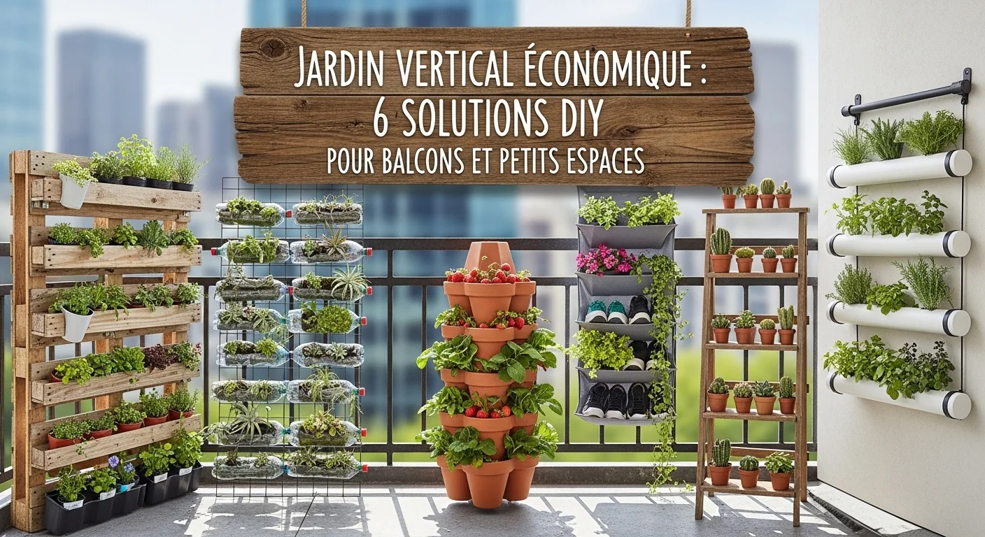 Jardin vertical DIY coloré sur un petit balcon urbain avec des plantes aromatiques et fleuries