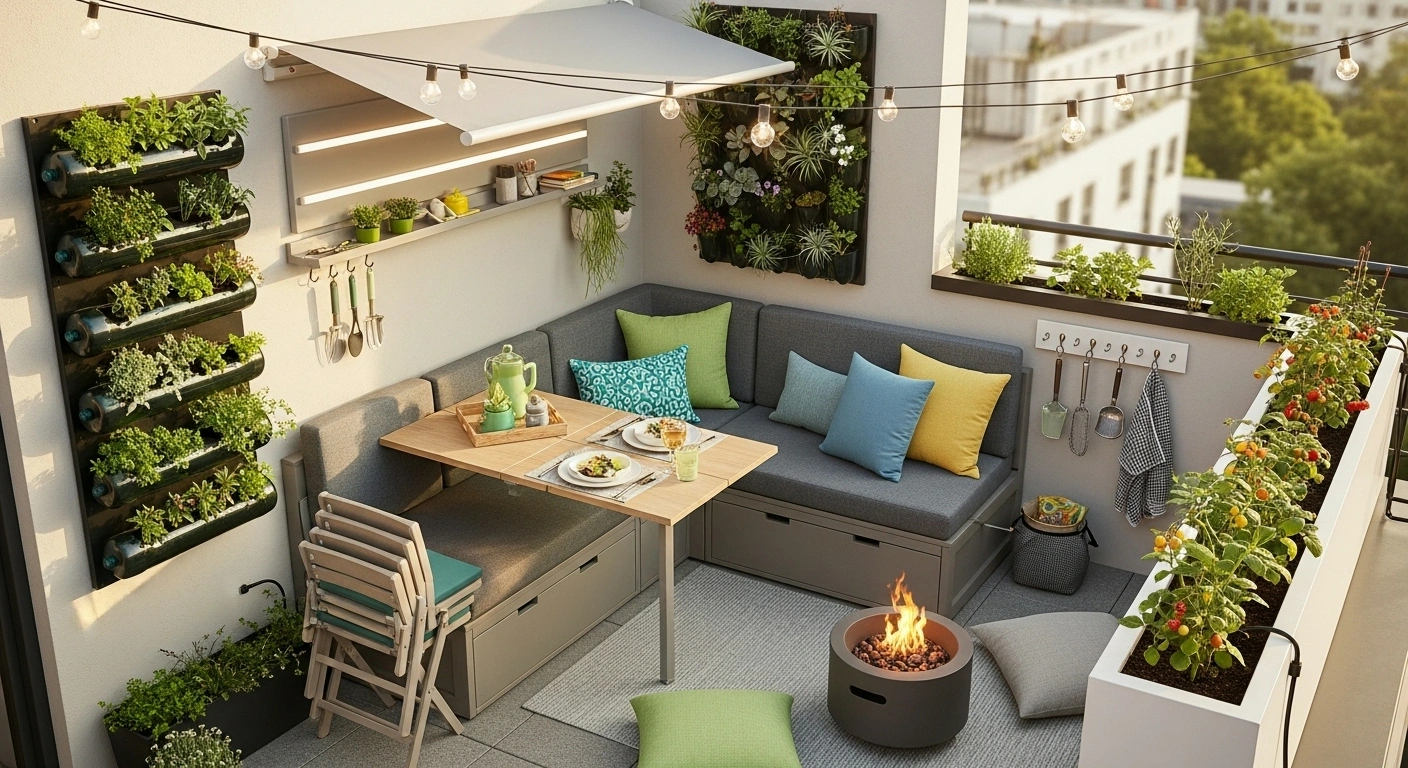 Aménagement réussi d'une petite terrasse cosy avec banc-coffre, plantes verticales et éclairage doux
