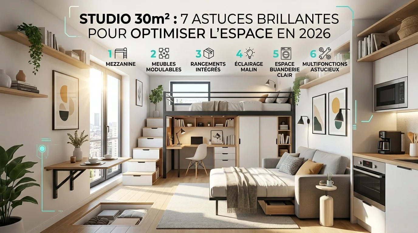 Aménagement moderne et optimisé d'un studio de 30m² avec lit estrade et rangements intégrés